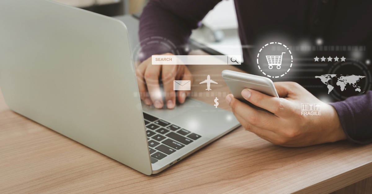 A person engages with their laptop and smartphone at a desk, surrounded by digital icons like search, email, and a shopping cart. It's a snapshot of ecommerce brilliance, capturing the dynamic essence of DTC brand success in the digital age.