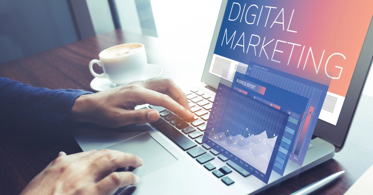 A person is typing on a laptop displaying "Digital Marketing" alongside a graph overlay illustrating data analytics, showcasing effective marketing techniques.
