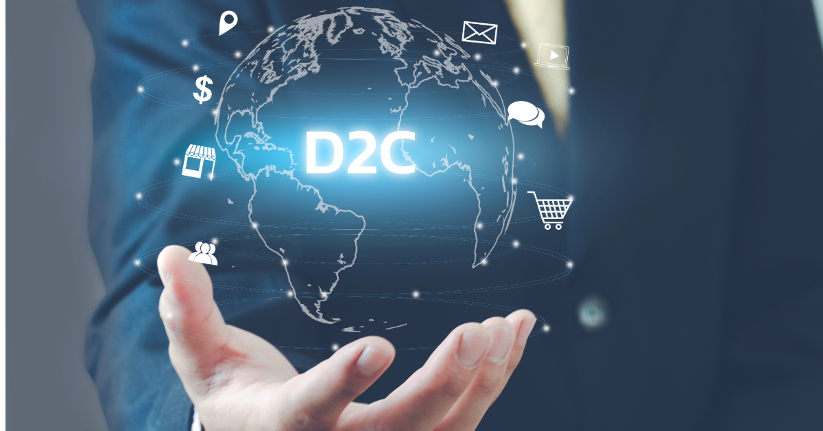 A person holds a digital globe with "D2C" displayed, surrounded by icons of money, shopping cart, and communication, symbolizing direct-to-consumer business. Nearby float symbols representing Canadian D2C Brands and private lenders bridging connections.