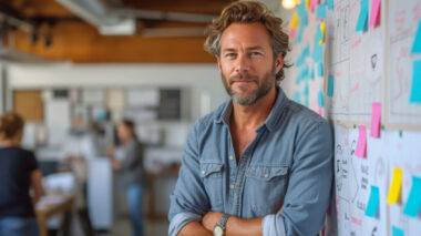 A man with gray hair and a beard stands in an office, leaning against a wall covered in colorful sticky notes and papers dedicated to strategic position planning. In the blurred background, people work diligently, maximizing efficiency in their tasks.