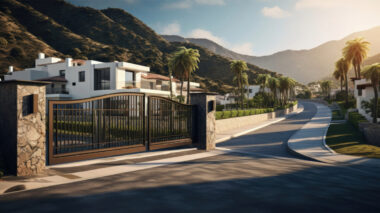 The gated entrance to this modern residential area, crafted by luxury home builders, welcomes you with white buildings, palm trees, and a winding road that leads into a mountainous landscape under a clear sky.