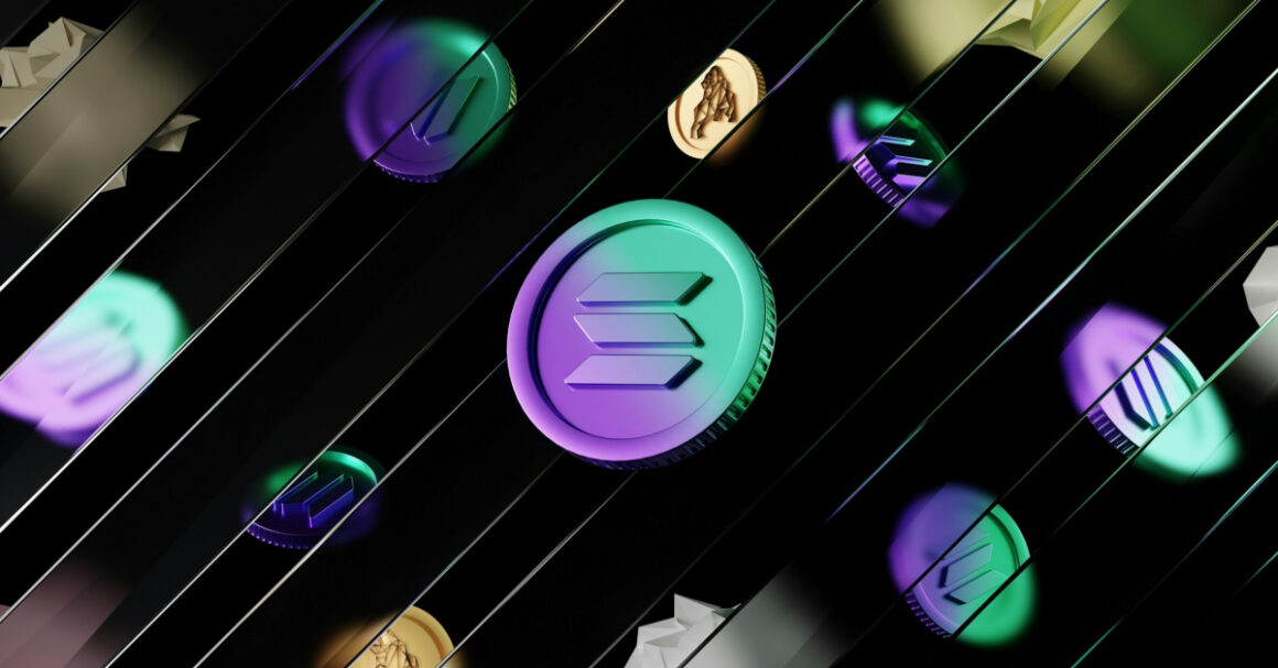 Abstract digital artwork featuring various crypto coins like Solana, depicted with colorful, reflective surfaces on diagonal lines against a dark background, hinting at the potential of crypto gaming in 2024.