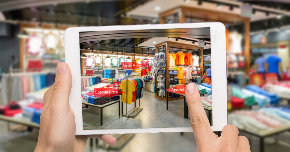A person using a tablet views the clothing store interior, where "Special Price" signs highlight items. This innovative approach reflects 2024 eCommerce trends, blending digital ease with traditional shopping to enhance marketing strategies.