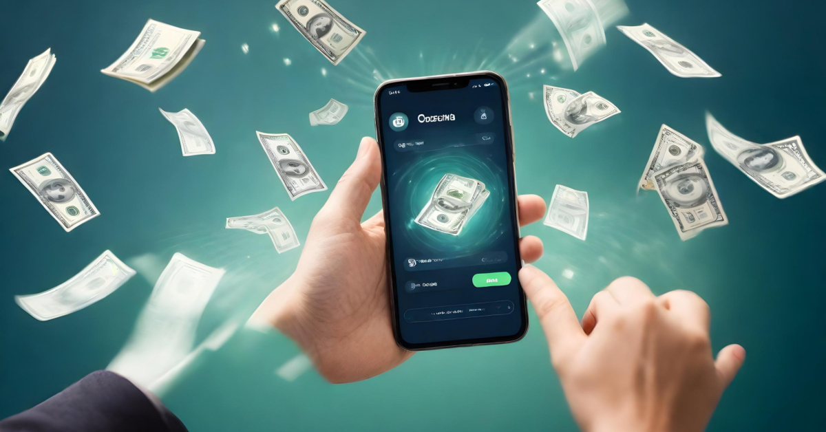 A person holds a smartphone showcasing the best money app, with dollar bills floating in the air, symbolizing instant digital transactions and seamless cash flow.