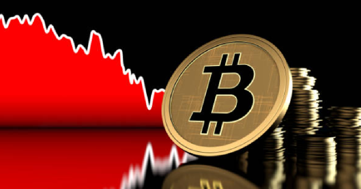 A Bitcoin symbol stands before stacked coins with a red descending line graph in the backdrop, illustrating a decline in value. This striking image highlights financial market fluctuations amid evolving regulations like Canada's MSB registration requirements.