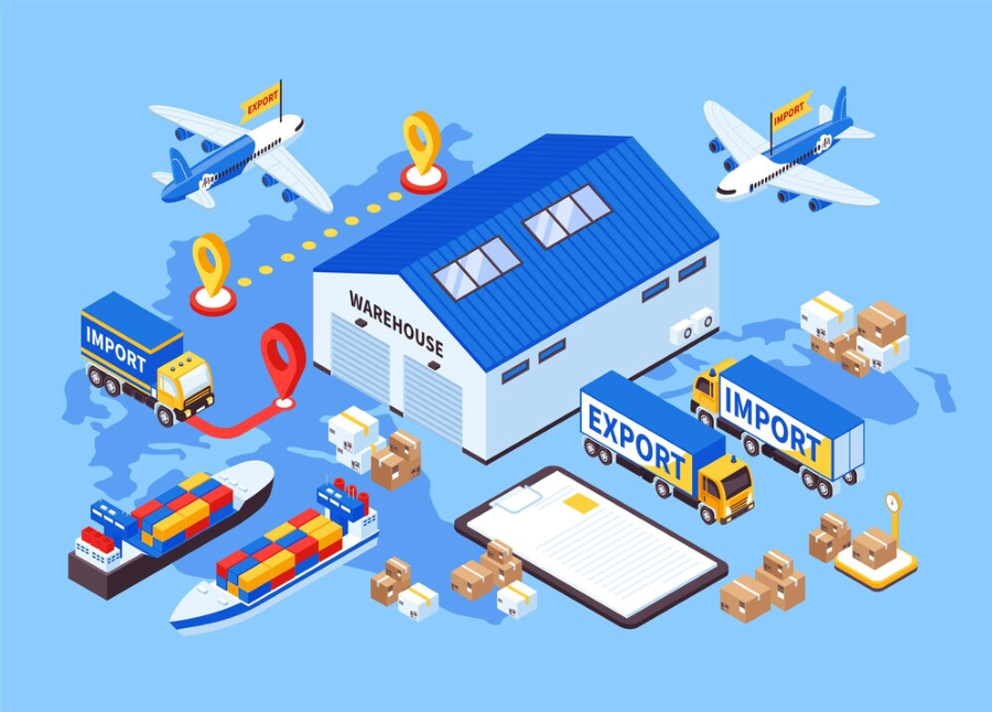 Illustration of global logistics highlighting efficiency with a warehouse, import and export planes, trucks, ships, and scattered packages over a world map background, emphasizing the seamless flow integral to modern ecommerce.