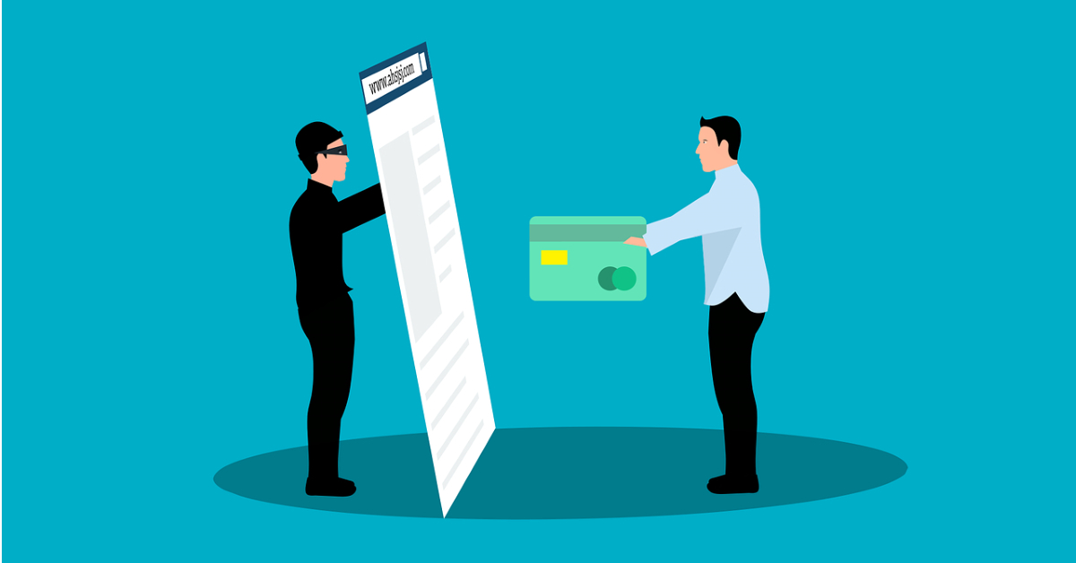 A man in white hands a credit card to another man in black standing behind a large screen with a browser window, against a teal background, illustrating the importance of protecting investments from common scams.