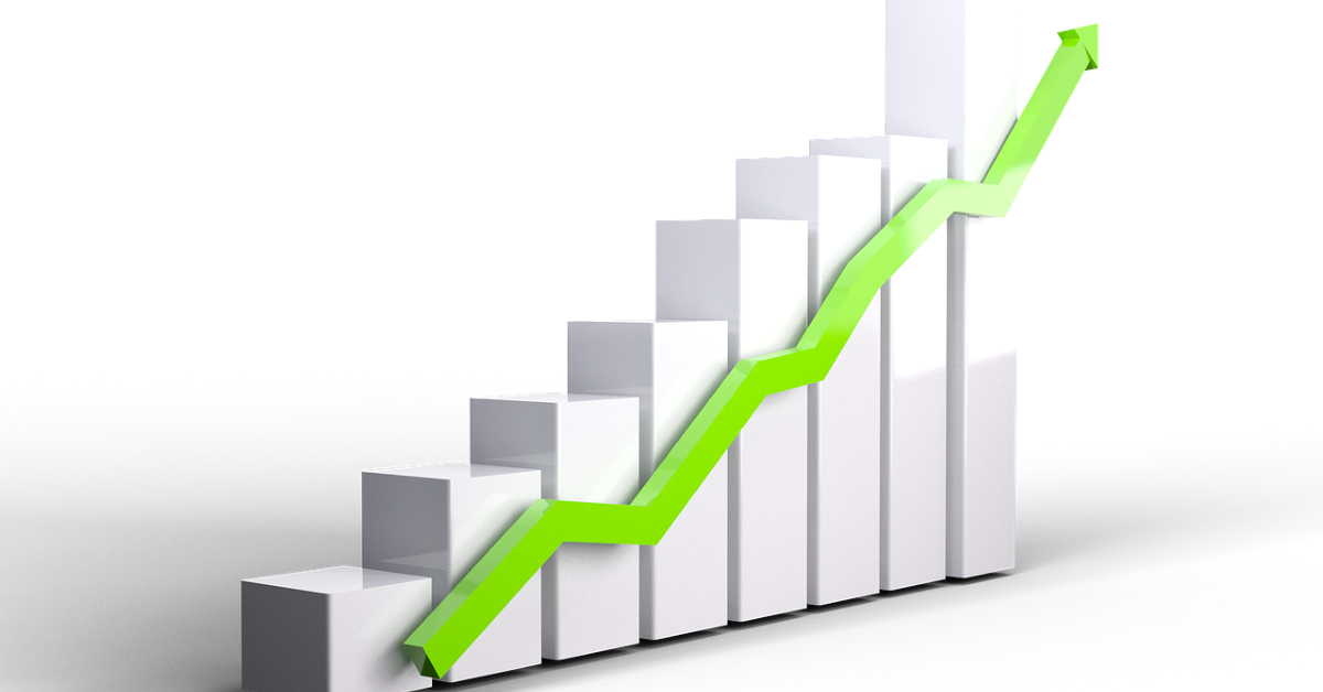 A 3D bar graph with white bars and an ascending green arrow offers a fresh take, symbolizing growth or increase, perfect for beginners exploring stock investing.