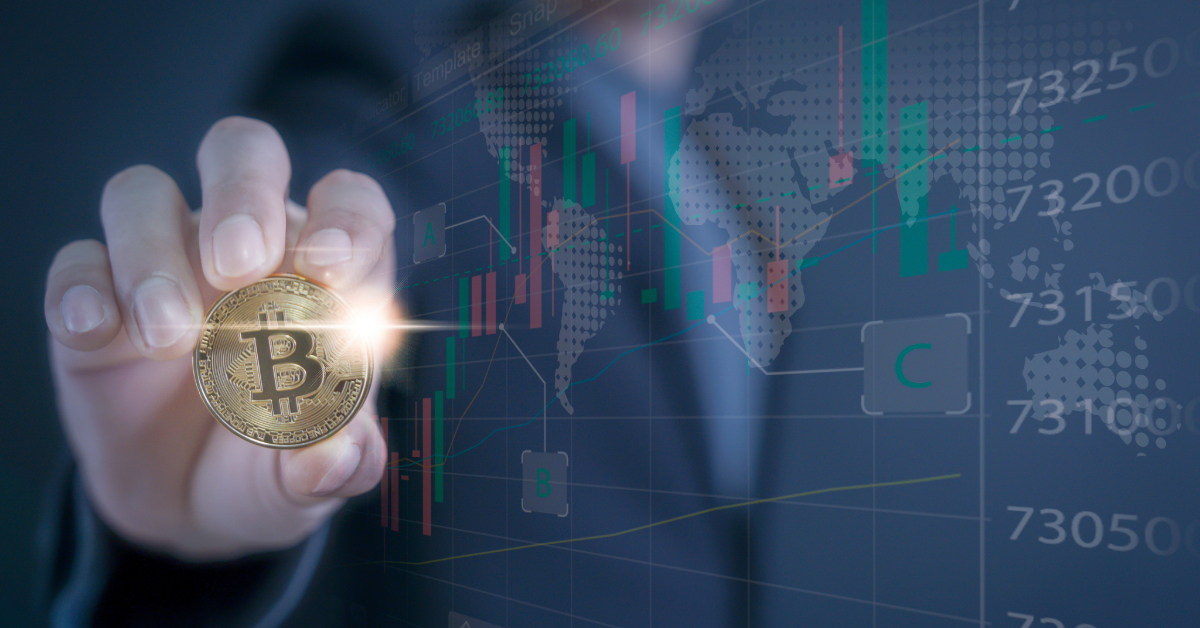 Person holding a Bitcoin coin with a glowing effect, in front of a digital stock market graph showing global financial data. The image highlights the benefits of merging traditional finance tools with innovations like Apple Pay to seamlessly buy cryptocurrencies.