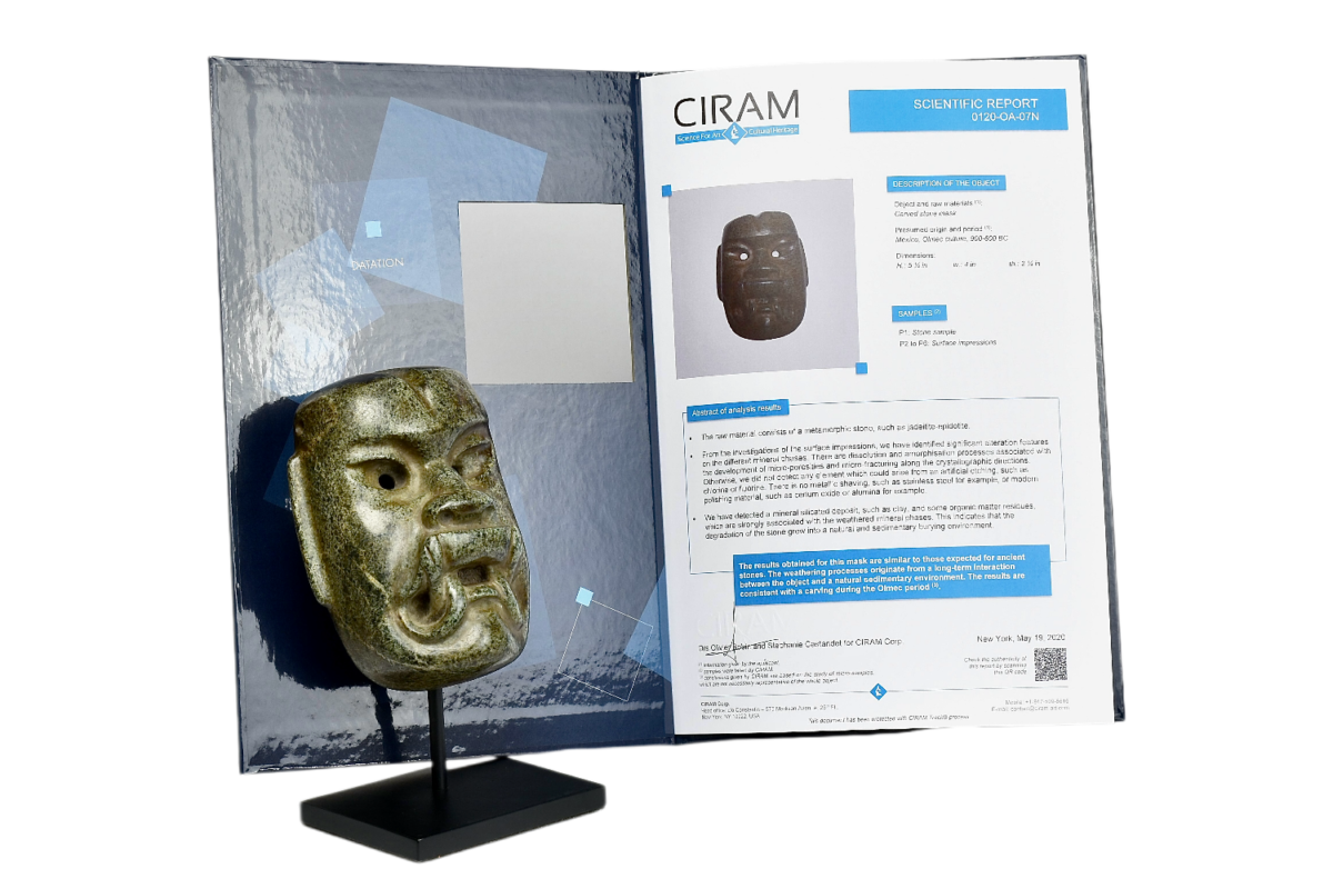 Artifact on a stand next to an open folder displaying a scientific report with images and text. The report appears to analyze the Pre-Columbian art piece, offering insights into its preservation and historical significance.