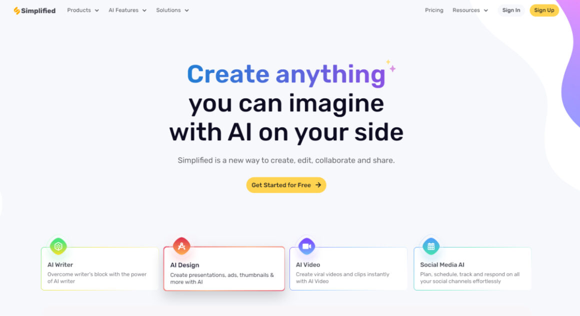 Screenshot of a webpage for Simplified.com. The headline reads, "Create anything you can imagine with AI on your side." Below, icons for AI Writer, AI Design, AI Video, and Social Media AI are displayed.