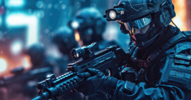 Amid a blurred urban background, a group of soldiers in tactical gear holds rifles. In focus is one soldier wearing night vision goggles, seemingly ready for any 2024 mission that might arise under the cover of darkness.