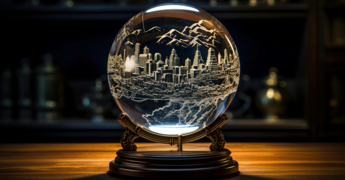 A glass globe etched with a city skyline and mountains, displayed on a wooden stand and illuminated from above—perfect for an ecommerce business specializing in personalized 3D photo crystals.