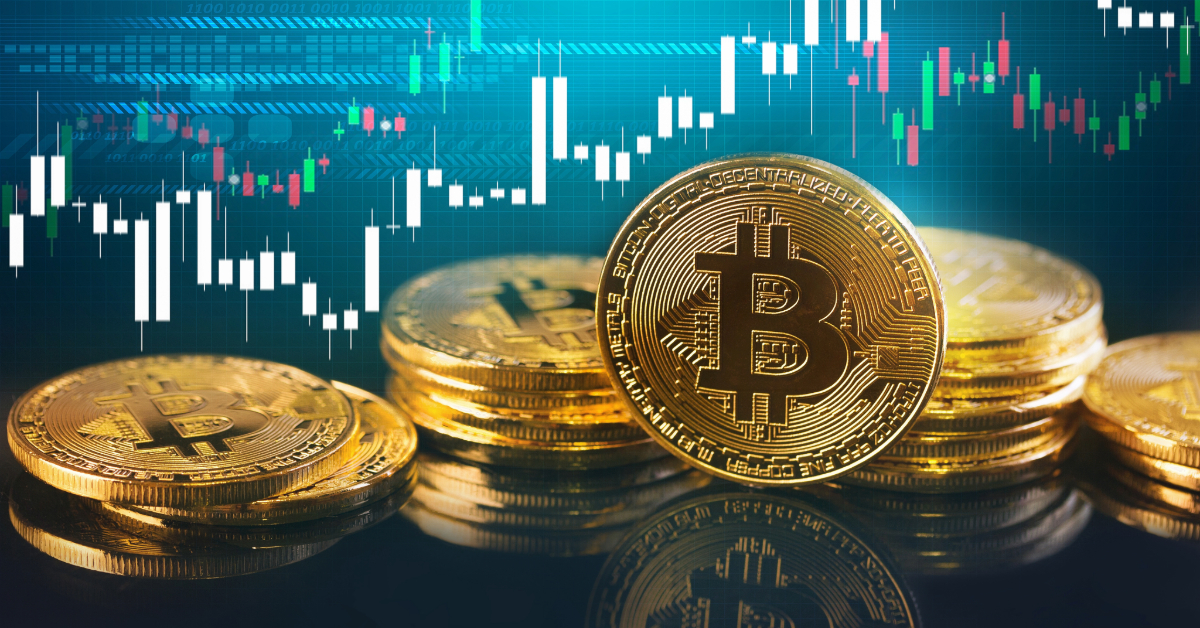 Stacks of gold Bitcoin coins in front of a digital stock market chart displaying fluctuating price lines and financial data, symbolizing profitable investments in the dynamic world of Bitcoin.