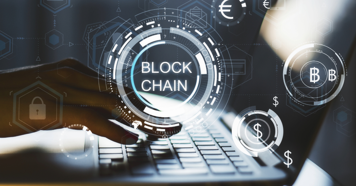 A person types on a laptop with a digital overlay displaying the word "BLOCKCHAIN" and various cryptocurrency symbols, highlighting blockchain’s role in secure cross-border transactions and seamless crypto remittances.