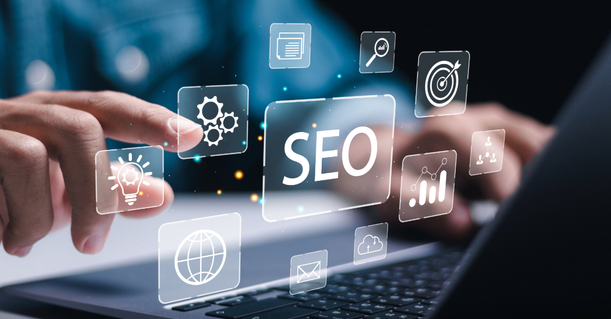 A person uses a laptop with floating digital icons representing effective SEO strategies, analytics, settings, target, and global connectivity.