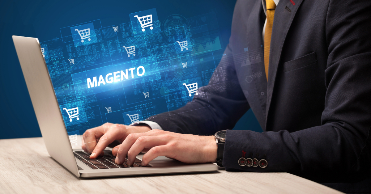 Person in a business suit types on a laptop with a digital graphic overlay displaying the word "Magento," shopping cart icons, and references to Adobe Commerce Development to highlight future trends in e-commerce.