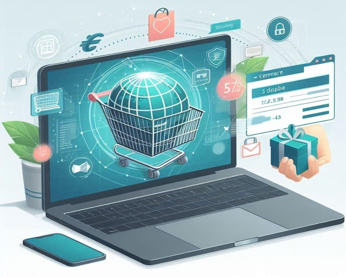 A laptop displays a digital shopping cart, surrounded by online shopping icons, a smartphone, and a gift box, illustrating CPG ecommerce trends and online purchasing through direct-to-consumer channels.