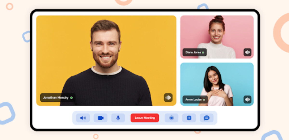 Screenshot of a video call with three participants, each in separate frames with colored backgrounds and name labels visible—illustrating how to use video messaging. Video and audio control icons are shown at the bottom.