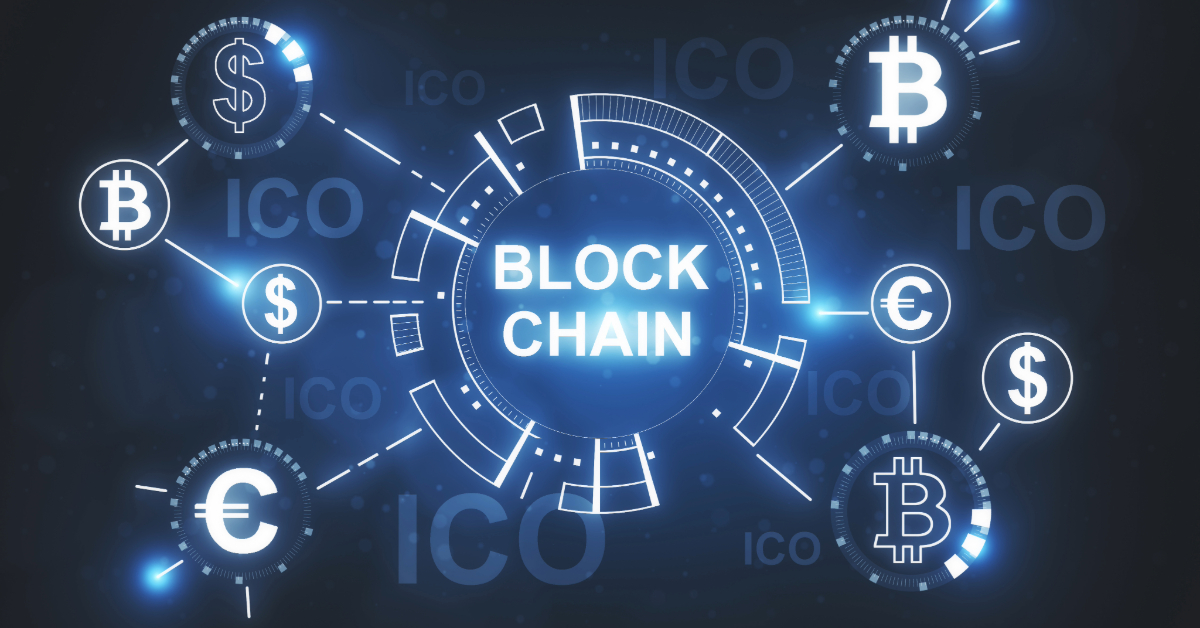 Digital illustration showing the word "BLOCKCHAIN" surrounded by cryptocurrency symbols, currency signs, and the acronym "ICO," highlighting blockchain logistics and ecommerce growth in 2024 on a dark background.