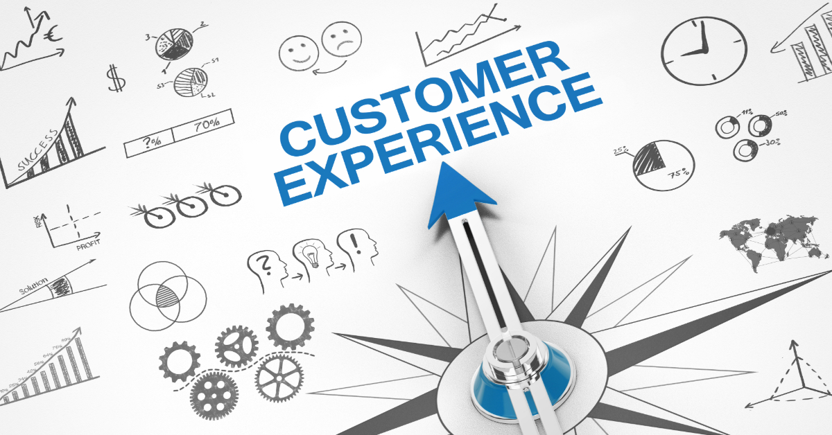 A compass arrow points to the words "Customer Experience," surrounded by business-related doodles and graphs, symbolizing the importance of an omnichannel customer experience.