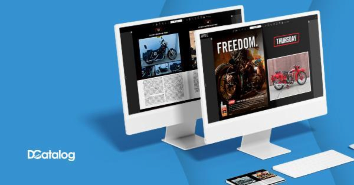 Two desktop computers display digital magazine layouts featuring motorcycles, highlighting the power of product catalog software, against a blue background with a DCatalog logo in the corner.