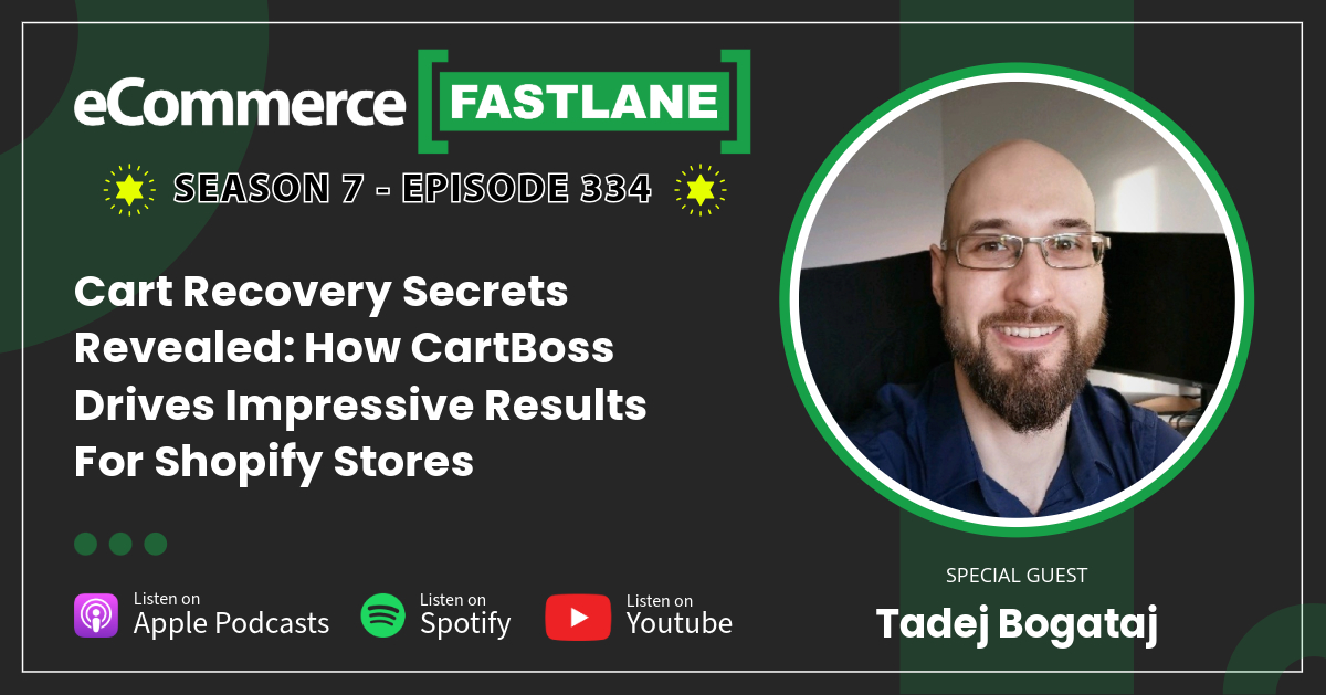 Podcast episode promo for "eCommerce Fastlane" featuring Tadej Bogataj discussing CartBoss and effective cart recovery strategies for Shopify stores. Includes episode number and listening platform logos.