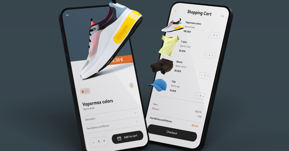 Two smartphones display a shopping app; one shows a sports shoe listing, while the other shows a shopping cart with shoes, t-shirt, shorts, and a cap—perfect for capturing sales from on-the-go shoppers through mobile optimization.