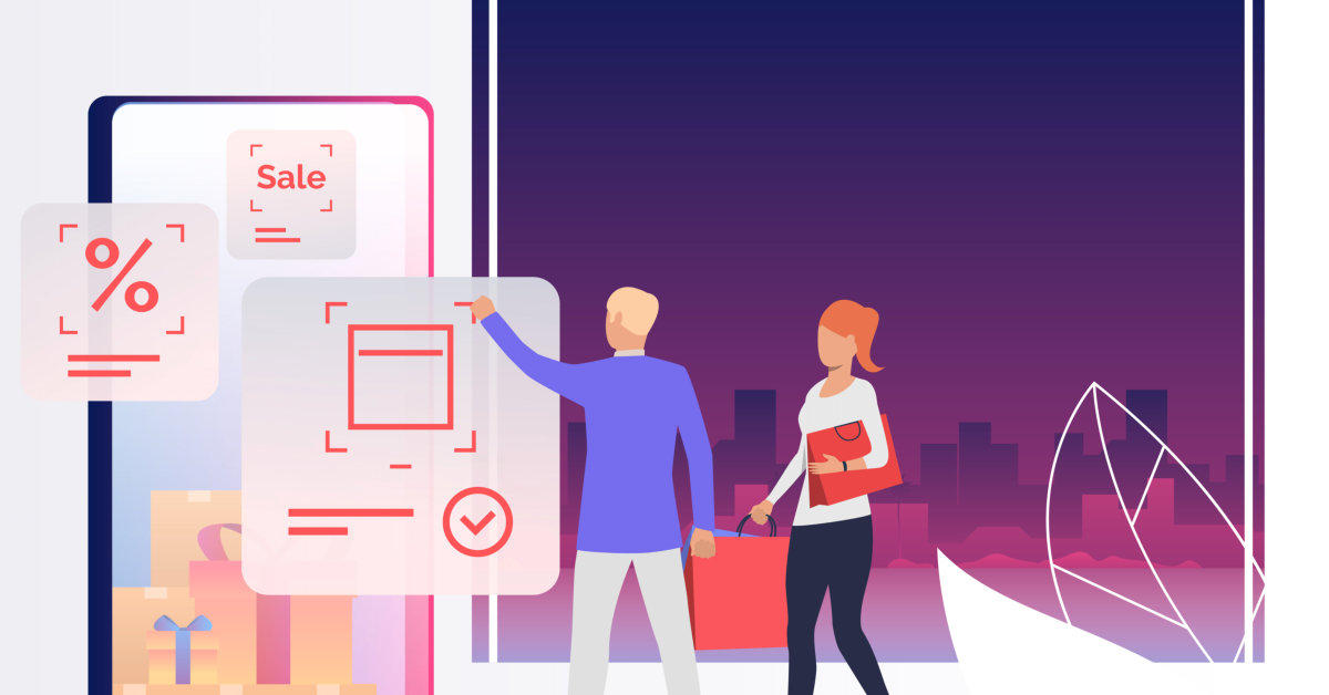 A man and woman stand together in front of digital shopping icons, including a sale sign and a percentage symbol, highlighting the future of E-commerce and Mobile App Development in 2024, with a cityscape visible through a large window.