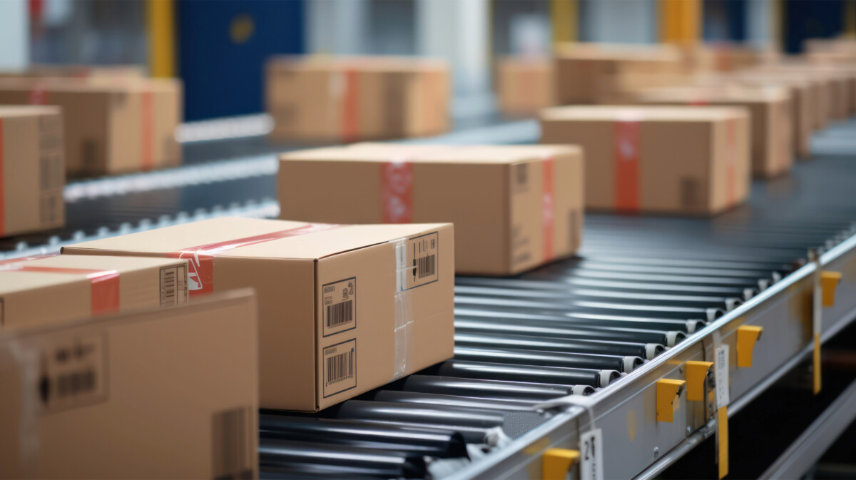 Cardboard packages move along a conveyor belt in an ecommerce warehouse Los Angeles, with several boxes visible in the foreground and background.