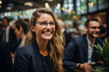 A woman with long blonde hair and glasses smiles while seated at a table in a business setting, discussing employee productivity, with other people and greenery visible in the background.