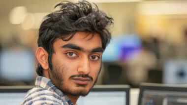 A young man with dark hair and a beard looks at the camera while sitting in an office setting with computer monitors in the background, possibly maximizing his workflow with immigration software.