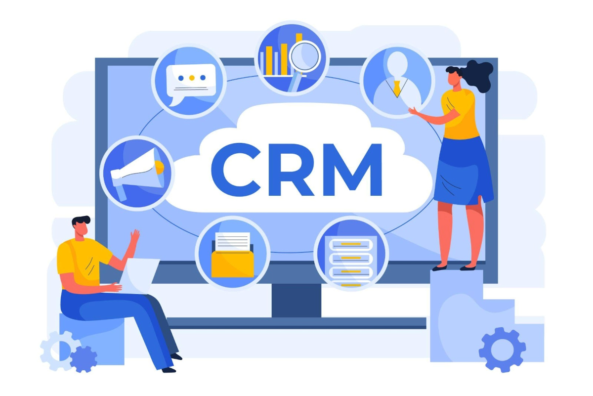 Illustration of two people interacting with a large CRM screen, highlighting how businesses can use free CRM tools in 2024, surrounded by icons representing data, communication, contacts, marketing, and files.