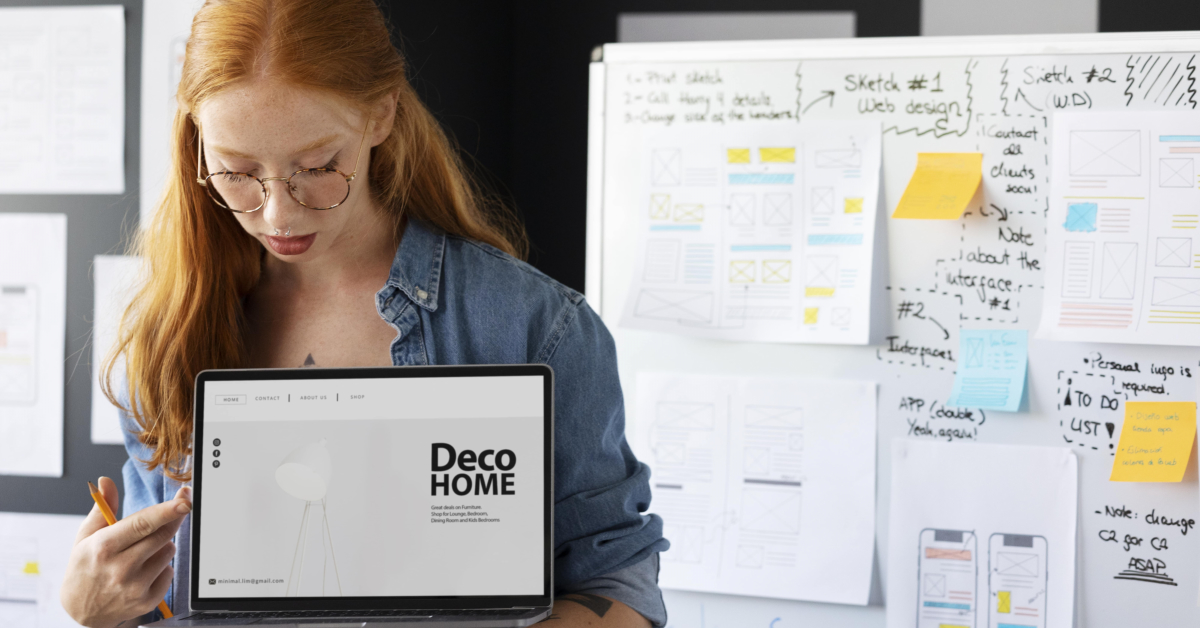 A person holding a laptop displaying the Deco Home eCommerce website stands in front of a wall covered with sketches, notes, and wireframes related to web design.