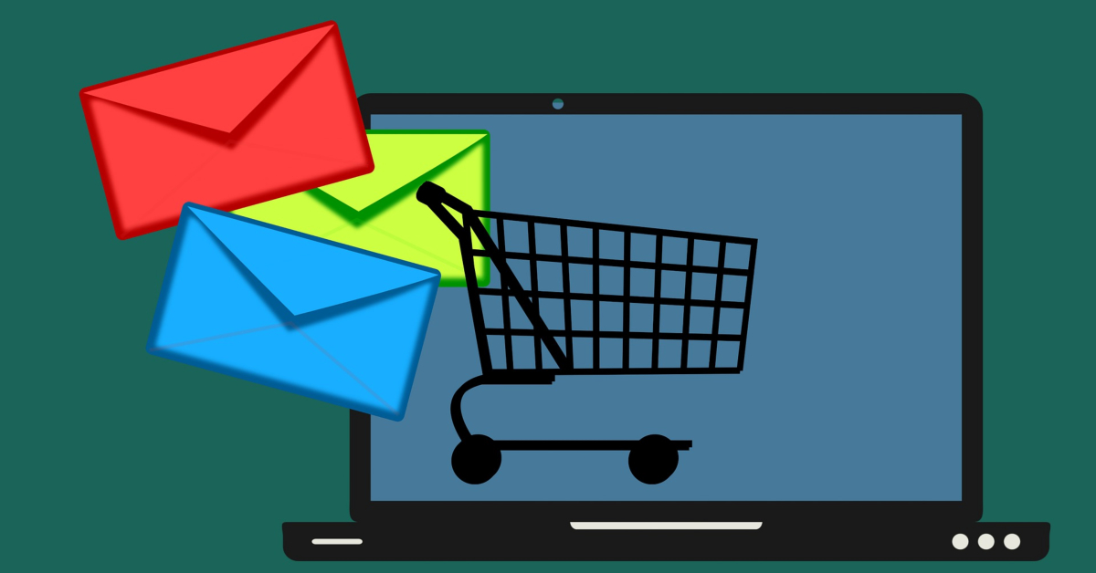 Illustration of a laptop displaying a shopping cart icon, with red, green, and blue envelopes overlaid on the screen—highlighting reasons for cart abandonment during online shopping.