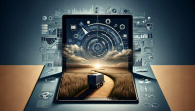 A tablet displays a truck driving on a rural road toward the horizon, surrounded by digital icons representing technology and logistics for charitable ventures or non-profit e-commerce initiatives.