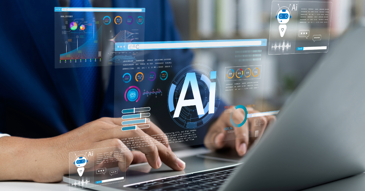 A person works on a laptop surrounded by virtual screens displaying graphs, charts, and the letters "AI," showcasing how cutting-edge tools can transform your business with artificial intelligence technology.