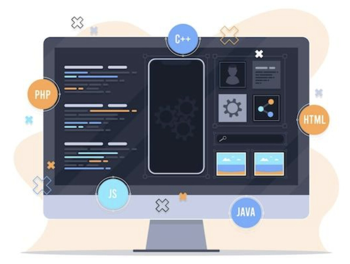 A computer monitor displays programming code and a user interface, highlighting the difference between a website and a web application, with icons representing PHP, JS, C++, Java, and HTML around the screen.