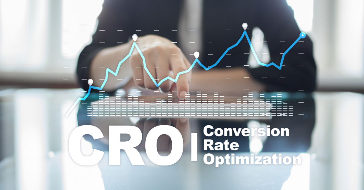 A person points at a rising line graph with data points, with the text "CRO Conversion Rate Optimization" overlaid at the bottom, highlighting Ecommerce strategies and tools to boost conversion rates.