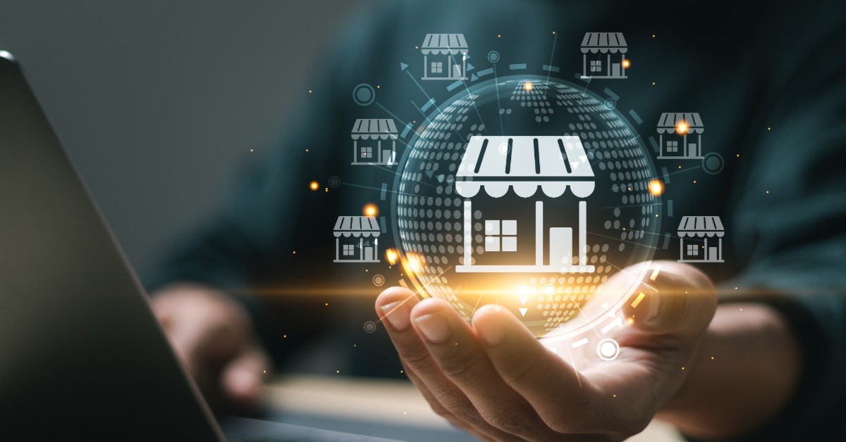 A person holds a digital hologram showing a storefront icon, symbolizing online business or e-commerce, with multiple small store icons surrounding it—perfect for first-time franchisees seeking franchise tips.