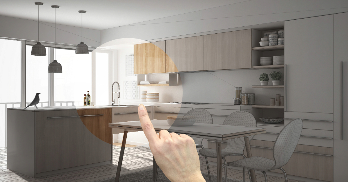 A hand points toward a modern kitchen, with part of the image rendered in full color and the rest in a sketch style, capturing the creative process of an interior design business. A bird stands on the kitchen island.