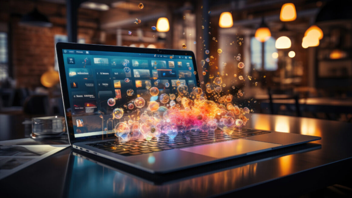 A laptop on a desk displays digital icons and colorful, glowing particles emerging from the keyboard in a modern, softly lit workspace, symbolizing Ecommerce SEO and the pathway to SEO success.