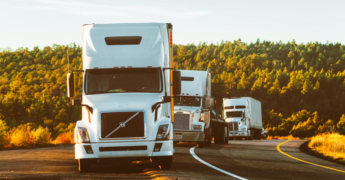 Three white semi-trucks, perfect as a truck for business, drive in a row along a curved road bordered by trees and shrubs under a clear sky.