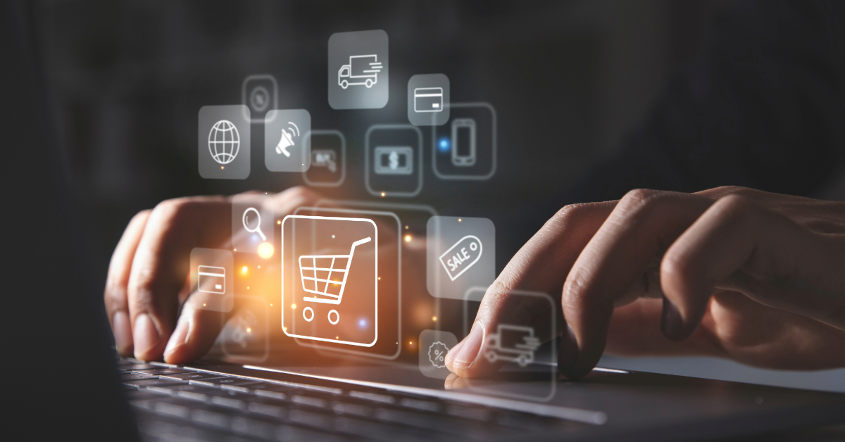 Hands typing on a laptop keyboard with digital shopping and e-commerce icons, such as a shopping cart and delivery truck, floating above the keys—highlighting the latest ecommerce trends and innovations shaping online shopping in 2024.