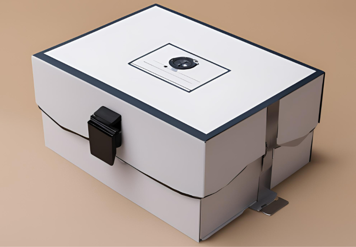A closed, rectangular auto lock box with a white top, metallic latch, and keyhole on the lid, placed on a beige surface—an essential accessory for security in the gaming world.