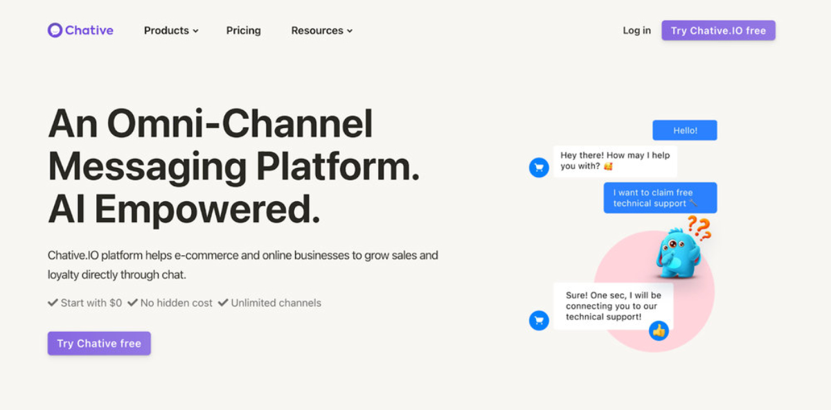 Screenshot of Chatvie.IO website, showcasing its AI messaging platform for e-commerce businesses. Features include a product description, pricing options, and conversational examples with an adorable character, all essential tools for streamlining business processes.