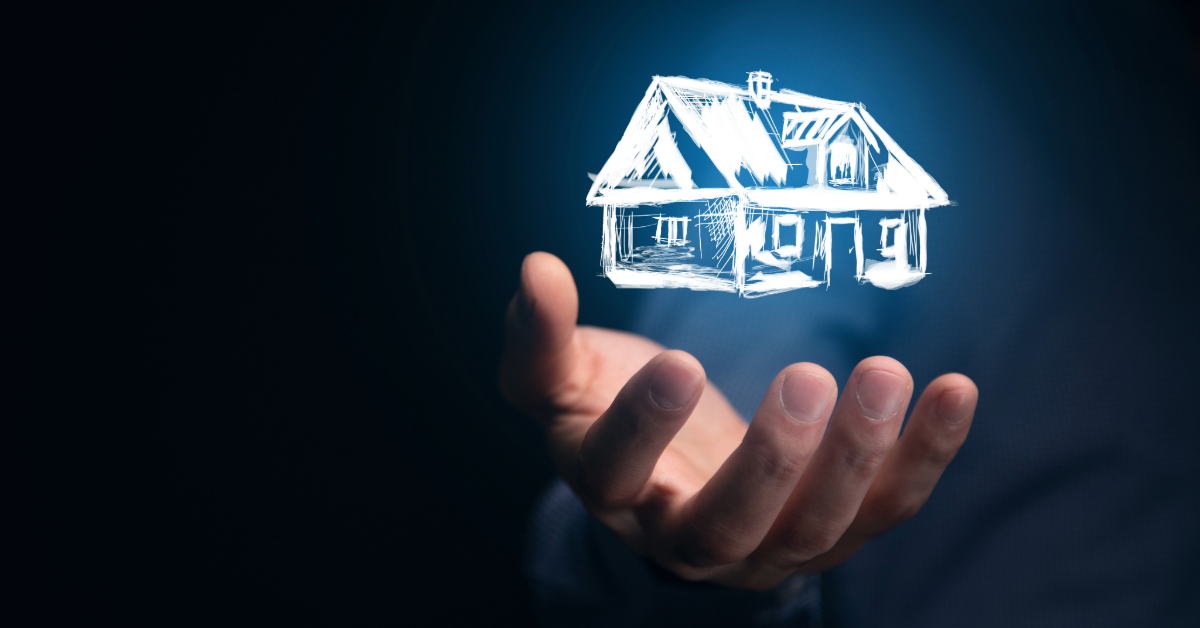 A person holds out a hand with a glowing, digitally drawn house—symbolizing the dream home of ecommerce entrepreneurs—hovering above the palm against a dark background.