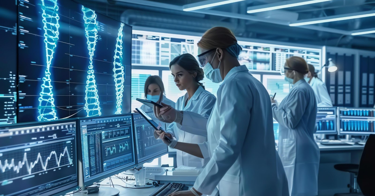 Scientists in lab coats analyze data on large monitors displaying DNA sequences and graphs, using data mining techniques to advance modern medicine in a cutting-edge laboratory setting.