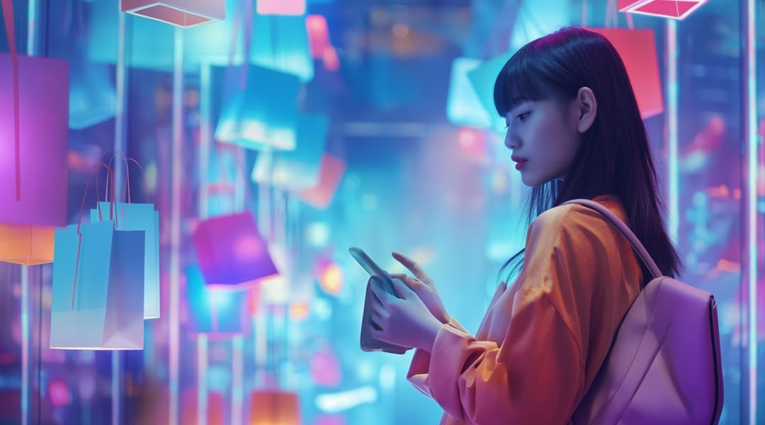 A young woman with a backpack uses her phone in a brightly lit, colorful space decorated with hanging shopping bags and glowing lights, exploring an Ecommerce loyalty program.