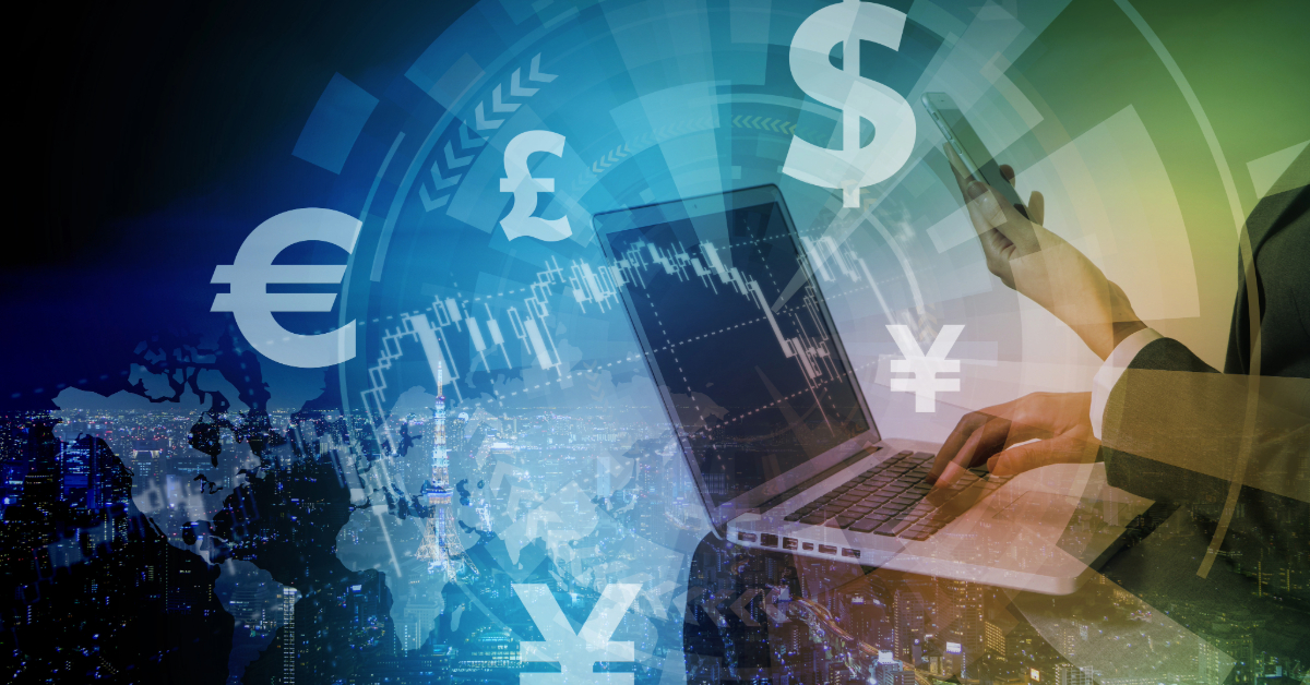 Person using a laptop and smartphone, overlaid with financial charts, currency symbols, and a world map, representing global finance, digital trading, and the impact of currency mistakes on ecommerce brands.